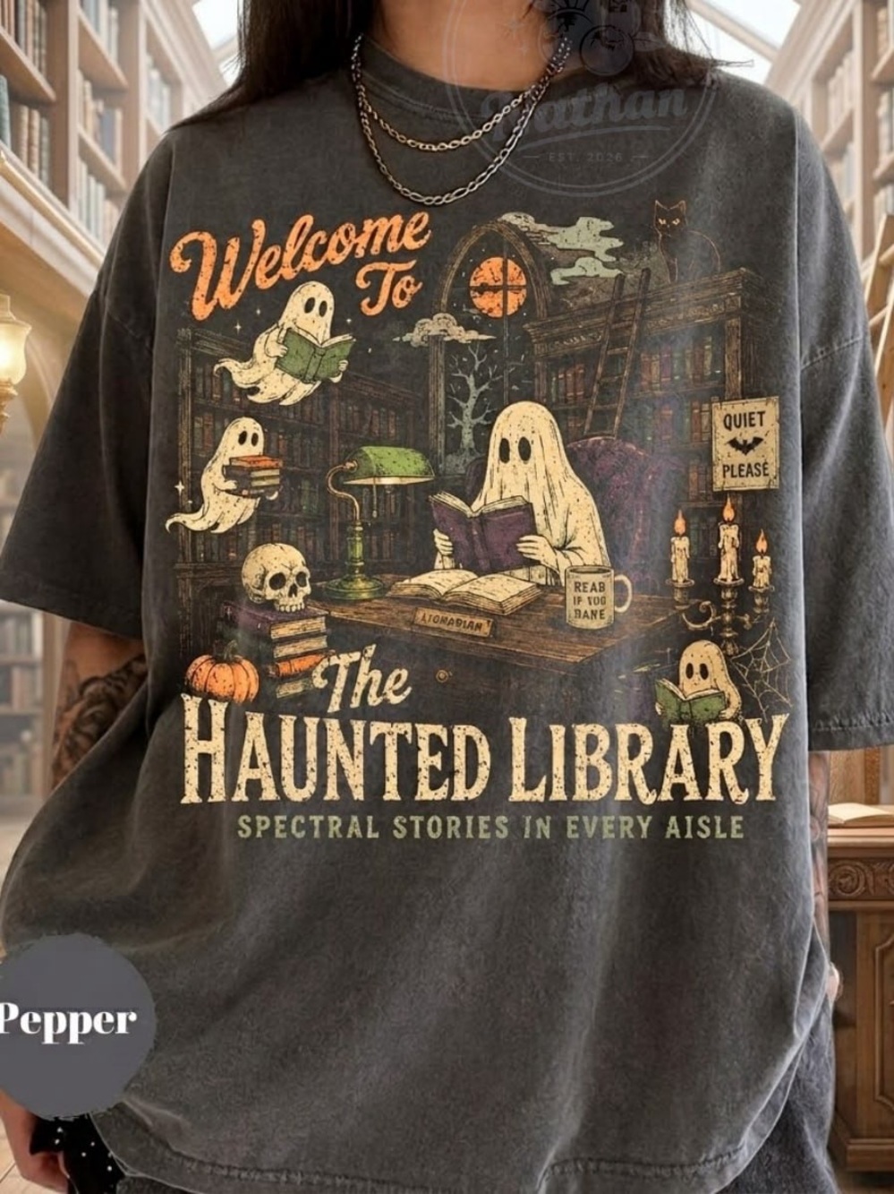 Comfort Colors Haunted Library Graphic Tee in Pepper with Orange Accents